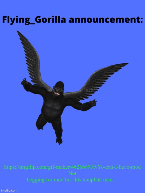 Flying_Gorilla announcement | https://imgflip.com/gif-maker/462668939/Yo-can-I-have-mod
Not begging for mod but this template man… | image tagged in flying_gorilla announcement | made w/ Imgflip meme maker