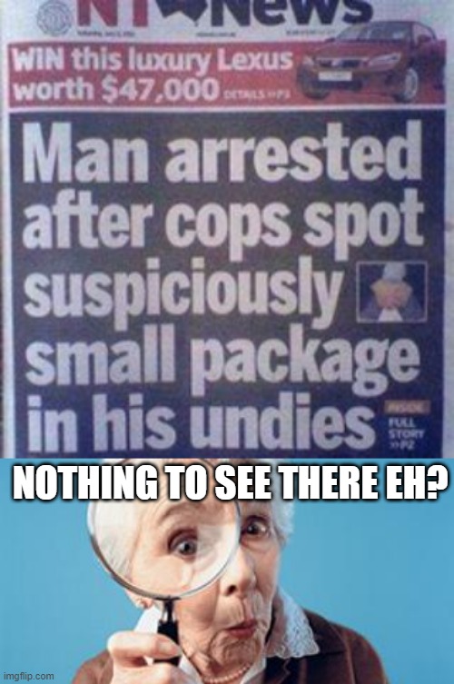 Nothing Eh? | NOTHING TO SEE THERE EH? | image tagged in old lady magnifying glass | made w/ Imgflip meme maker