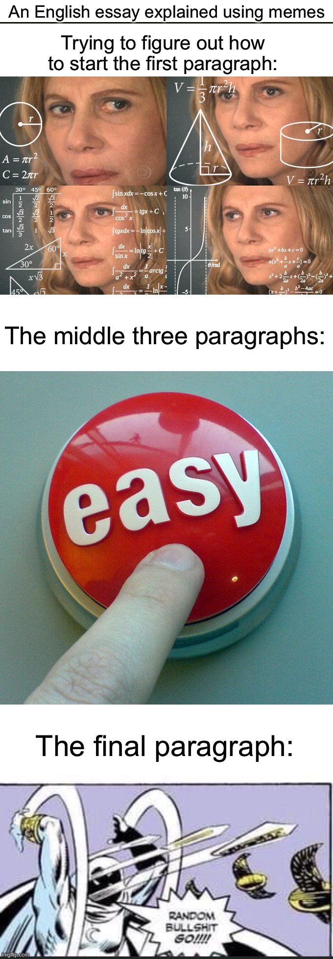 I have an essay I have to write this week :/ | An English essay explained using memes; Trying to figure out how to start the first paragraph:; The middle three paragraphs:; The final paragraph: | image tagged in memes,funny,true story,school,relatable memes,english | made w/ Imgflip meme maker