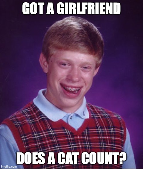 Bad Luck Brian Meme | GOT A GIRLFRIEND; DOES A CAT COUNT? | image tagged in memes,bad luck brian | made w/ Imgflip meme maker
