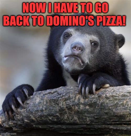 Confession Bear Meme | NOW I HAVE TO GO BACK TO DOMINO'S PIZZA! | image tagged in memes,confession bear | made w/ Imgflip meme maker