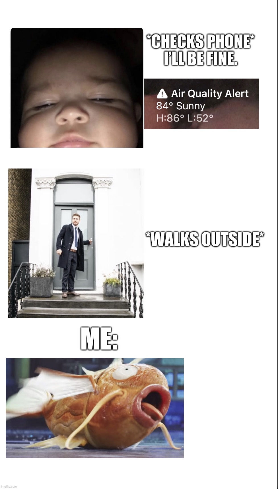 Asthma meme | *CHECKS PHONE*

I’LL BE FINE. *WALKS OUTSIDE*; ME: | image tagged in asthma meme | made w/ Imgflip meme maker