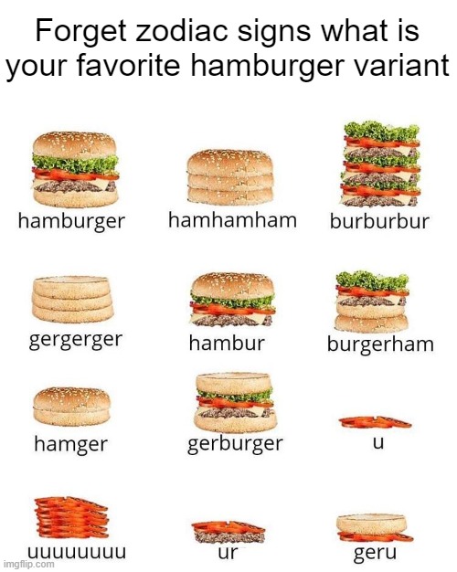 Hamger | Forget zodiac signs what is your favorite hamburger variant | image tagged in memes,hamburger,zodiac signs,zodiac,geru | made w/ Imgflip meme maker