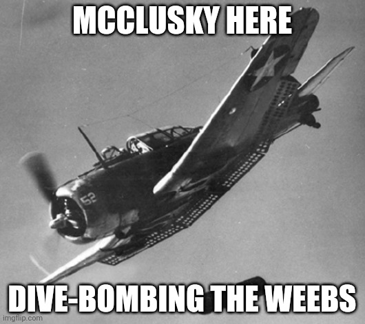 dive bomber | MCCLUSKY HERE; DIVE-BOMBING THE WEEBS | image tagged in dive bomber,bomb | made w/ Imgflip meme maker
