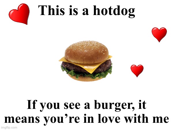 . | This is a hotdog; If you see a burger, it means you’re in love with me | made w/ Imgflip meme maker