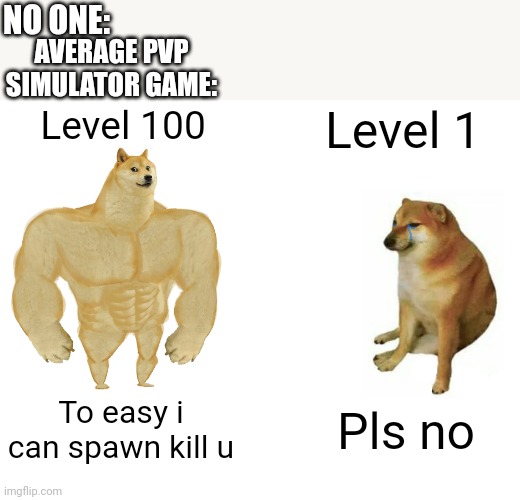 Buff Doge vs. Cheems Meme | NO ONE:; AVERAGE PVP SIMULATOR GAME:; Level 100; Level 1; To easy i can spawn kill u; Pls no | image tagged in memes,buff doge vs cheems | made w/ Imgflip meme maker
