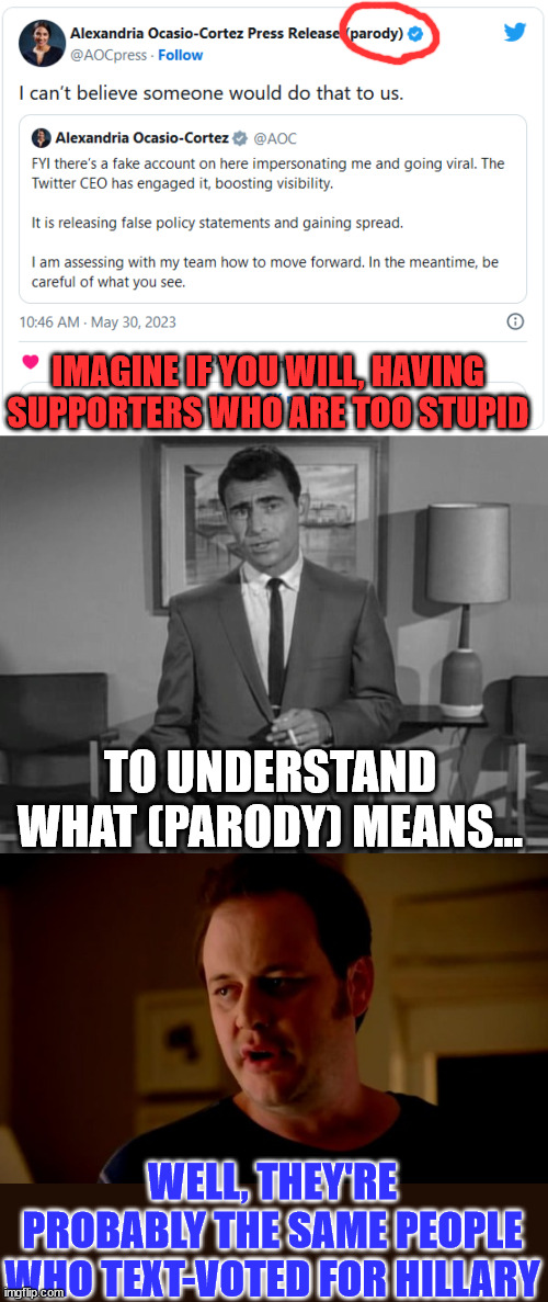 I'm betting AOC doesn't know what parody means either... | IMAGINE IF YOU WILL, HAVING SUPPORTERS WHO ARE TOO STUPID; TO UNDERSTAND WHAT (PARODY) MEANS... WELL, THEY'RE PROBABLY THE SAME PEOPLE WHO TEXT-VOTED FOR HILLARY | image tagged in rod serling imagine if you will,jake from state farm,stupid people | made w/ Imgflip meme maker