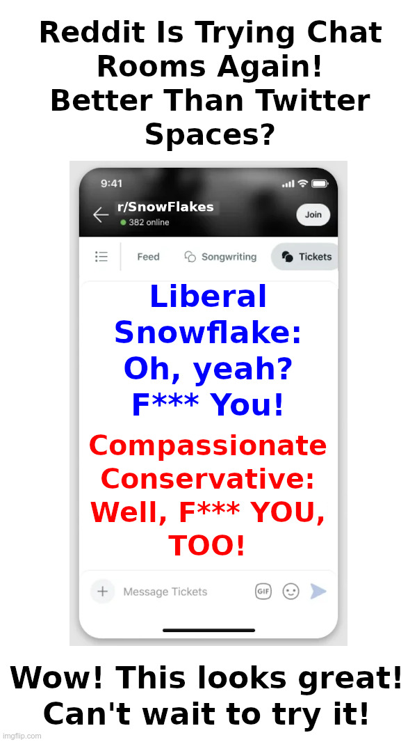 Reddit Is Trying Chat Rooms Again! | image tagged in reddit,chat,snowflakes,conservatives,twitter spaces | made w/ Imgflip meme maker