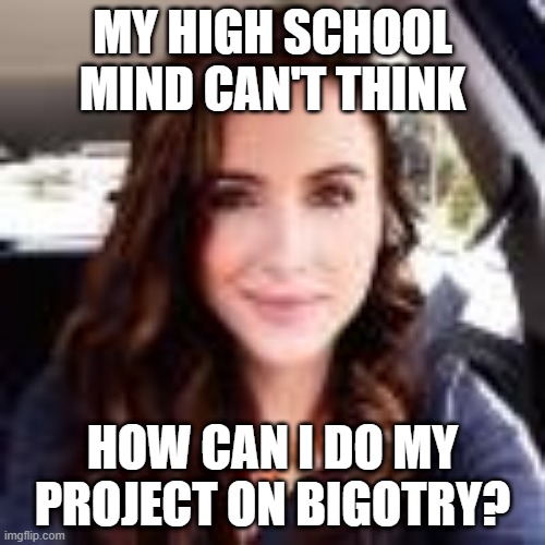 Entitled brat | MY HIGH SCHOOL MIND CAN'T THINK; HOW CAN I DO MY PROJECT ON BIGOTRY? | image tagged in entitled brat | made w/ Imgflip meme maker