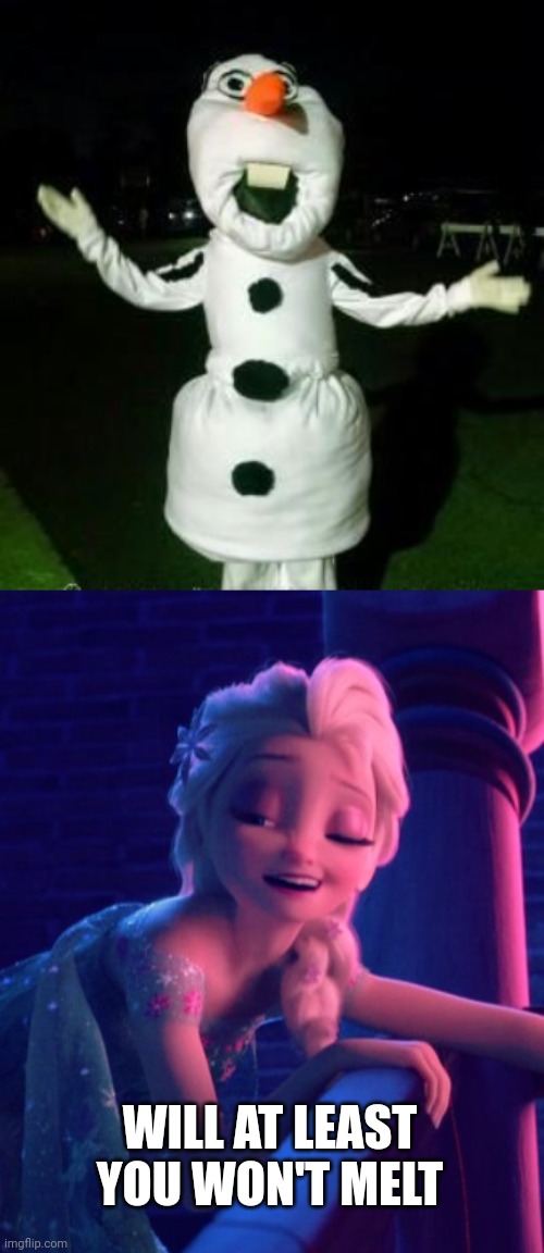 MAYBE HE ALREADY IS | WILL AT LEAST YOU WON'T MELT | image tagged in drunk elsa,frozen,frozen 2,olaf,cosplay | made w/ Imgflip meme maker