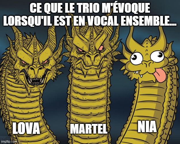 Three-headed Dragon | CE QUE LE TRIO M'ÉVOQUE LORSQU'IL EST EN VOCAL ENSEMBLE... NIA; LOVA; MARTEL | image tagged in three-headed dragon | made w/ Imgflip meme maker