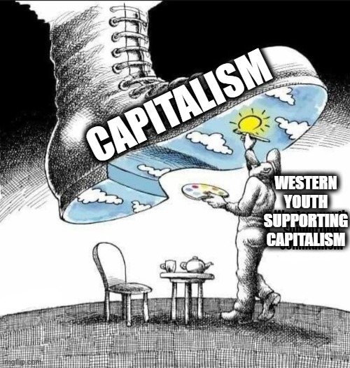 Zoomer Slaves | WESTERN YOUTH SUPPORTING CAPITALISM; CAPITALISM | image tagged in zoomer slaves | made w/ Imgflip meme maker