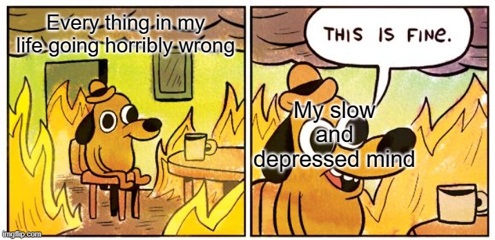 This is fine | My slow and depressed mind; Every thing in my life going horribly wrong | image tagged in memes,this is fine | made w/ Imgflip meme maker