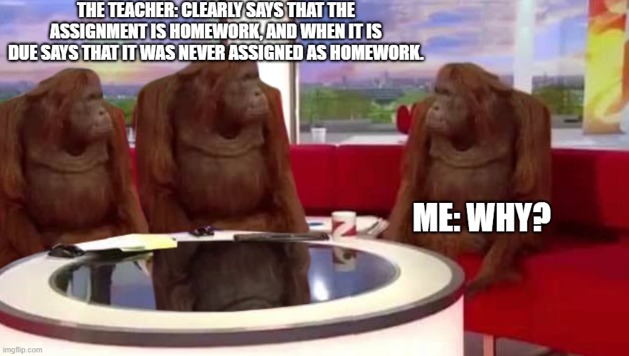 Why, teacher? | THE TEACHER: CLEARLY SAYS THAT THE ASSIGNMENT IS HOMEWORK, AND WHEN IT IS DUE SAYS THAT IT WAS NEVER ASSIGNED AS HOMEWORK. ME: WHY? | image tagged in where monkey | made w/ Imgflip meme maker