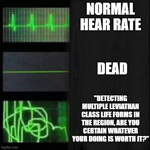 Come on, Subnautica players- this all happened to us. | NORMAL HEAR RATE; DEAD; "DETECTING MULTIPLE LEVIATHAN CLASS LIFE FORMS IN THE REGION, ARE YOU CERTAIN WHATEVER YOUR DOING IS WORTH IT?" | image tagged in leave it blank please | made w/ Imgflip meme maker