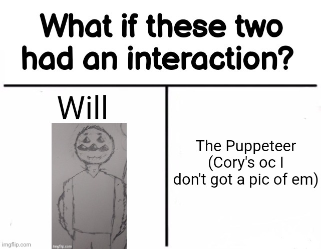 What if these two had an interaction? | Will; The Puppeteer (Cory's oc I don't got a pic of em) | image tagged in what if these two had an interaction | made w/ Imgflip meme maker