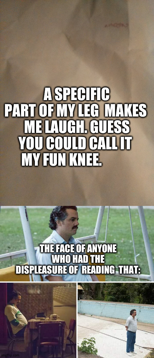 I'm not apologizing. | A SPECIFIC PART OF MY LEG  MAKES  ME LAUGH. GUESS YOU COULD CALL IT MY FUN KNEE. THE FACE OF ANYONE WHO HAD THE DISPLEASURE OF  READING  THAT: | image tagged in memes,sad pablo escobar,bad pun dog | made w/ Imgflip meme maker