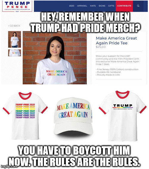 Go woke go broke, right? That's the rule. | HEY, REMEMBER WHEN TRUMP HAD PRIDE MERCH? YOU HAVE TO BOYCOTT HIM NOW. THE RULES ARE THE RULES. | made w/ Imgflip meme maker