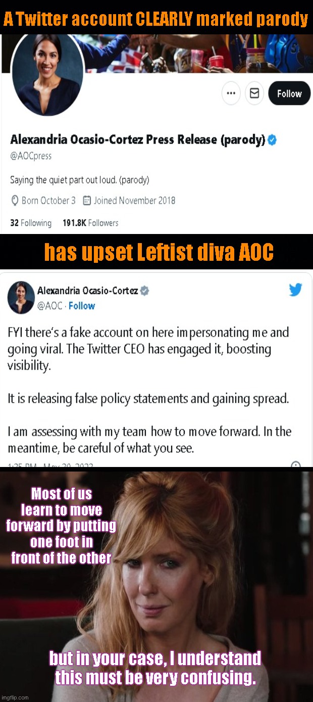 AOC plays victim of Twitter parody account | A Twitter account CLEARLY marked parody; has upset Leftist diva AOC; Most of us learn to move forward by putting one foot in front of the other; but in your case, I understand this must be very confusing. | image tagged in alexandria ocasio-cortez,aoc,leftist whiner,playing victim,beth dutton yellowstone,political humor | made w/ Imgflip meme maker