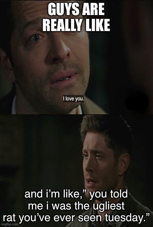 Spn- I Love You | GUYS ARE REALLY LIKE; and i’m like,” you told me i was the ugliest rat you’ve ever seen tuesday.” | image tagged in spn- i love you | made w/ Imgflip meme maker