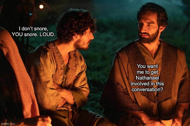 The Truth Teller will set these two straight! | You want me to get Nathanael involved in this conversation? I don’t snore, YOU snore. LOUD. | image tagged in the chosen | made w/ Imgflip meme maker