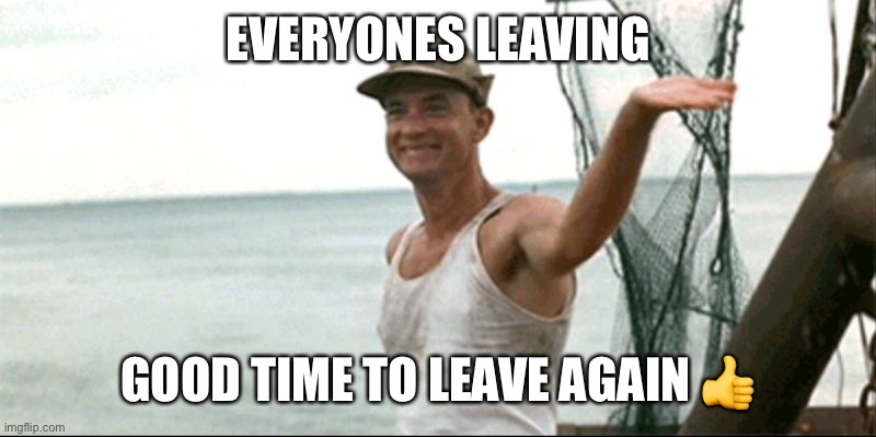 no im not new | EVERYONES LEAVING; GOOD TIME TO LEAVE AGAIN 👍 | image tagged in forest gump waving | made w/ Imgflip meme maker