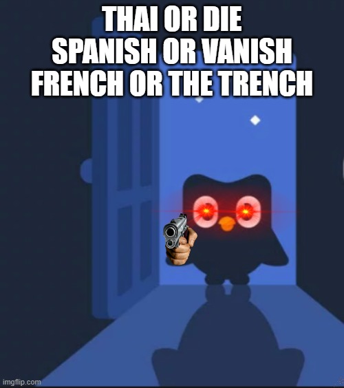 duolingo | THAI OR DIE
SPANISH OR VANISH
FRENCH OR THE TRENCH | image tagged in duolingo bird,duolingo,memes | made w/ Imgflip meme maker