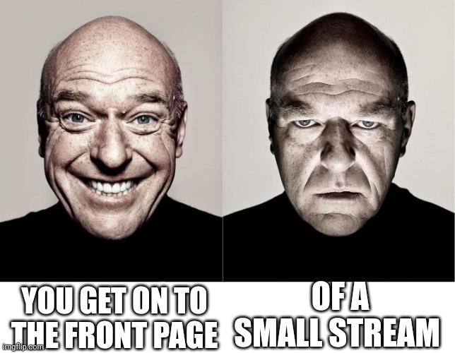 Gotta start somewhere | YOU GET ON TO THE FRONT PAGE; OF A SMALL STREAM | image tagged in breaking bad smile frown | made w/ Imgflip meme maker