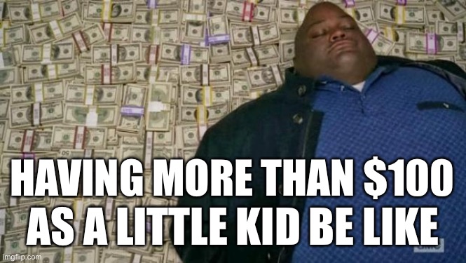 All can relate | HAVING MORE THAN $100; AS A LITTLE KID BE LIKE | image tagged in huell money | made w/ Imgflip meme maker