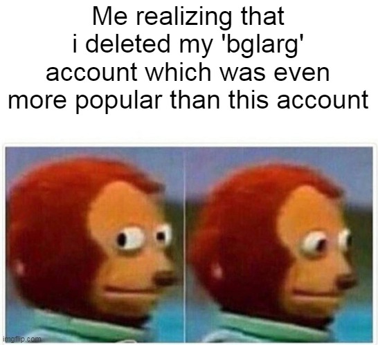 yes, i am the owner of that account | Me realizing that i deleted my 'bglarg' account which was even more popular than this account | image tagged in memes,monkey puppet | made w/ Imgflip meme maker