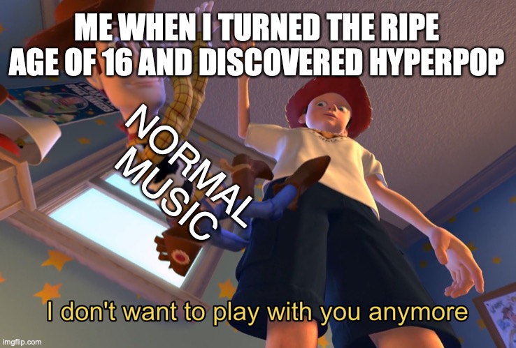 I don't want to play with you anymore | ME WHEN I TURNED THE RIPE AGE OF 16 AND DISCOVERED HYPERPOP; NORMAL MUSIC | image tagged in i don't want to play with you anymore | made w/ Imgflip meme maker