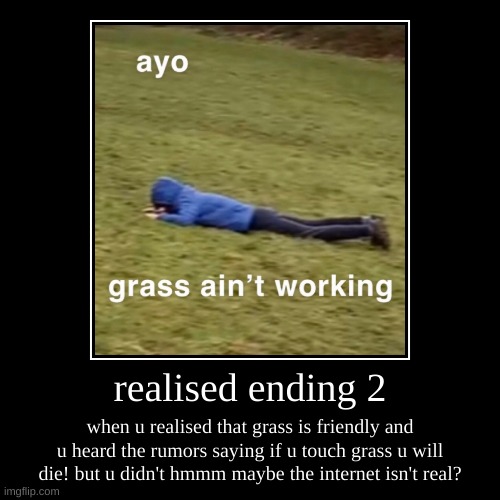 realised ending 2 | when u realised that grass is friendly and u heard the rumors saying if u touch grass u will die! but u didn't hmmm mayb | image tagged in funny,demotivationals | made w/ Imgflip demotivational maker
