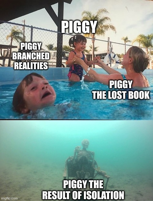 drowning kid + skeleton | PIGGY; PIGGY BRANCHED REALITIES; PIGGY THE LOST BOOK; PIGGY THE RESULT OF ISOLATION | image tagged in drowning kid skeleton | made w/ Imgflip meme maker