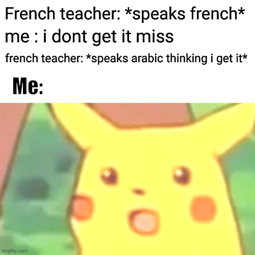 EVRY SINGLSINGLE TIME | French teacher: *speaks french*; me : i dont get it miss; french teacher: *speaks arabic thinking i get it*; Me: | image tagged in memes,surprised pikachu | made w/ Imgflip meme maker