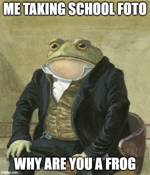 Gentleman frog | ME TAKING SCHOOL FOTO; WHY ARE YOU A FROG | image tagged in gentleman frog | made w/ Imgflip meme maker