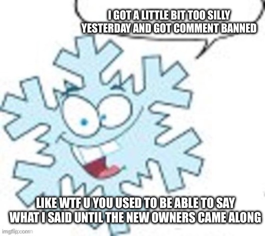 Snowflake says | I GOT A LITTLE BIT TOO SILLY YESTERDAY AND GOT COMMENT BANNED; LIKE WTF U YOU USED TO BE ABLE TO SAY WHAT I SAID UNTIL THE NEW OWNERS CAME ALONG | image tagged in snowflake says | made w/ Imgflip meme maker