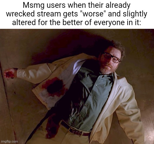 Dead Walter White | Msmg users when their already wrecked stream gets "worse" and slightly altered for the better of everyone in it: | image tagged in dead walter white | made w/ Imgflip meme maker