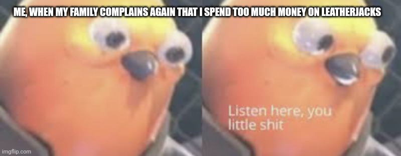 Leatherjacks | ME, WHEN MY FAMILY COMPLAINS AGAIN THAT I SPEND TOO MUCH MONEY ON LEATHERJACKS | image tagged in listen here you little shit bird,music meme,music,concert,funny memes | made w/ Imgflip meme maker