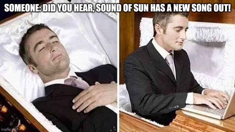 Sound Of Sun | SOMEONE: DID YOU HEAR, SOUND OF SUN HAS A NEW SONG OUT! | image tagged in deceased man in coffin typing,music,music meme,funny memes,concert | made w/ Imgflip meme maker