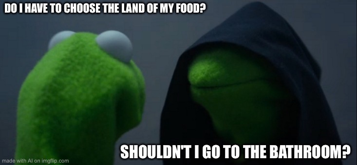 Evil Kermit | DO I HAVE TO CHOOSE THE LAND OF MY FOOD? SHOULDN'T I GO TO THE BATHROOM? | image tagged in memes,evil kermit | made w/ Imgflip meme maker