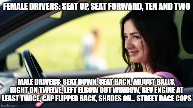 Male Drivers vs. Female Drivers | FEMALE DRIVERS: SEAT UP, SEAT FORWARD, TEN AND TWO; MALE DRIVERS: SEAT DOWN, SEAT BACK, ADJUST BALLS, RIGHT ON TWELVE, LEFT ELBOW OUT WINDOW, REV ENGINE AT LEAST TWICE, CAP FLIPPED BACK, SHADES ON... STREET RACE COPS | image tagged in woman car window get in loser,men drive better,men are better than women | made w/ Imgflip meme maker