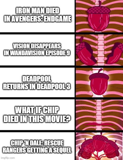 Dale's Acorn Heart | IRON MAN DIED IN AVENGERS: ENDGAME; VISION DISAPPEARS IN WANDAVISION EPISODE 9; DEADPOOL RETURNS IN DEADPOOL 3; WHAT IF CHIP DIED IN THIS MOVIE? CHIP 'N DALE: RESCUE RANGERS GETTING A SEQUEL | image tagged in dale's acorn heart | made w/ Imgflip meme maker