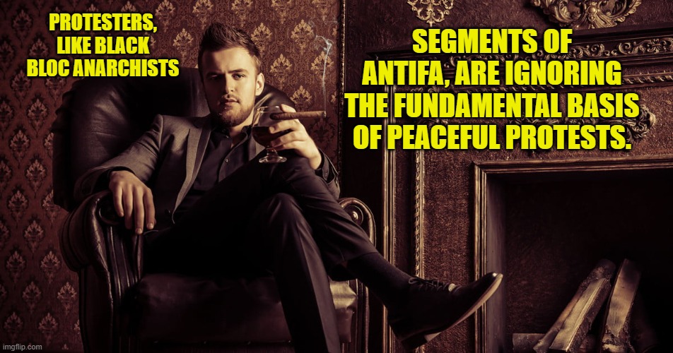 PROTESTERS, LIKE BLACK BLOC ANARCHISTS SEGMENTS OF ANTIFA, ARE IGNORING THE FUNDAMENTAL BASIS OF PEACEFUL PROTESTS. | made w/ Imgflip meme maker