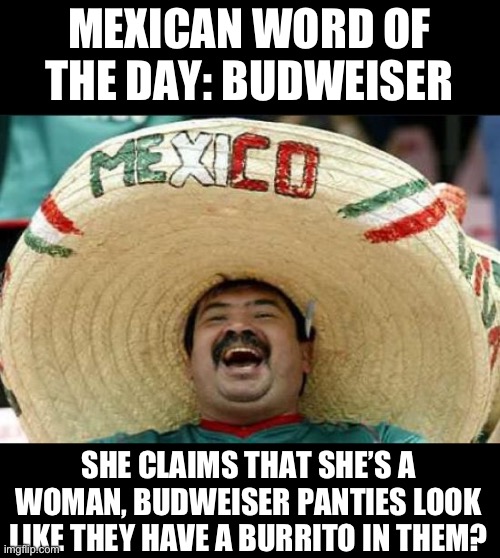 Budweiser | MEXICAN WORD OF THE DAY: BUDWEISER; SHE CLAIMS THAT SHE’S A WOMAN, BUDWEISER PANTIES LOOK LIKE THEY HAVE A BURRITO IN THEM? | image tagged in mexican word of the day | made w/ Imgflip meme maker