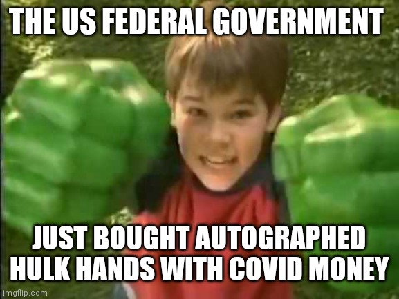 Your government Loves Your Money | THE US FEDERAL GOVERNMENT; JUST BOUGHT AUTOGRAPHED HULK HANDS WITH COVID MONEY | image tagged in hulk hands | made w/ Imgflip meme maker