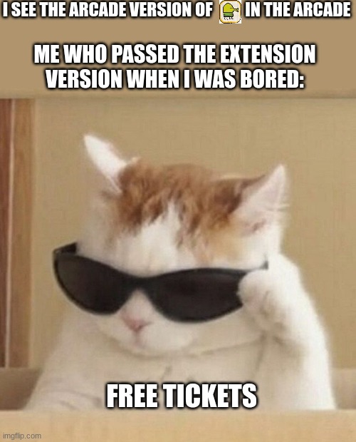 cara faxera faxerita | I SEE THE ARCADE VERSION OF          IN THE ARCADE; ME WHO PASSED THE EXTENSION VERSION WHEN I WAS BORED:; FREE TICKETS | image tagged in cool cat,arcade,doodle | made w/ Imgflip meme maker
