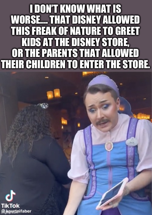 Disney | I DON’T KNOW WHAT IS WORSE…. THAT DISNEY ALLOWED THIS FREAK OF NATURE TO GREET KIDS AT THE DISNEY STORE, OR THE PARENTS THAT ALLOWED THEIR CHILDREN TO ENTER THE STORE. | made w/ Imgflip meme maker