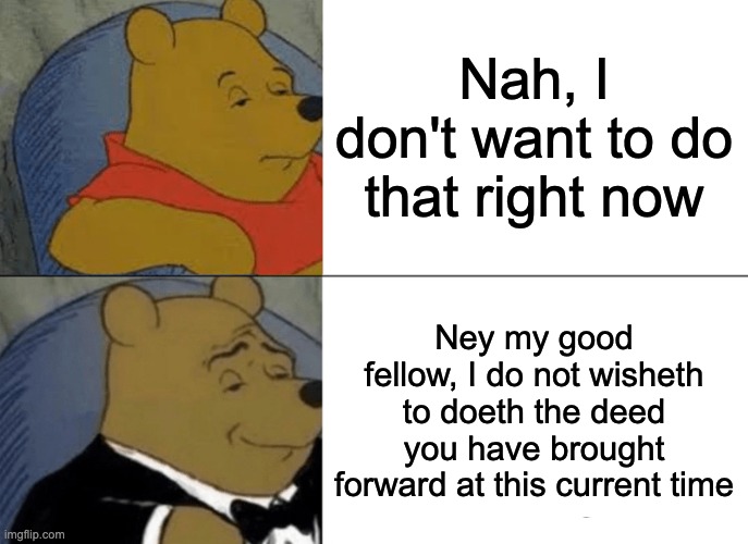 We only accept refined speaking people here | Nah, I don't want to do that right now; Ney my good fellow, I do not wisheth to doeth the deed you have brought forward at this current time | image tagged in memes,tuxedo winnie the pooh,smarts | made w/ Imgflip meme maker