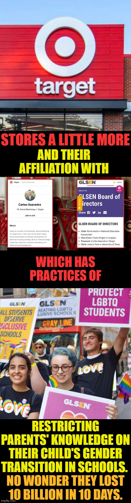 Let's Look At | STORES A LITTLE MORE; AND THEIR AFFILIATION WITH; WHICH HAS PRACTICES OF; RESTRICTING PARENTS' KNOWLEDGE ON THEIR CHILD'S GENDER TRANSITION IN SCHOOLS. NO WONDER THEY LOST 10 BILLION IN 10 DAYS. | image tagged in memes,politics,target,indoctrination,don't,tell parents | made w/ Imgflip meme maker