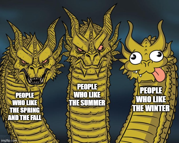 free epic Baingan | PEOPLE WHO LIKE THE SUMMER; PEOPLE WHO LIKE THE WINTER; PEOPLE WHO LIKE THE SPRING AND THE FALL | image tagged in three-headed dragon | made w/ Imgflip meme maker